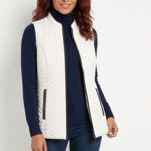Chico's Quilted Puffer Vest Women's Size 0 (SM) Ivory Full Zip Pockets 2 Way Zip